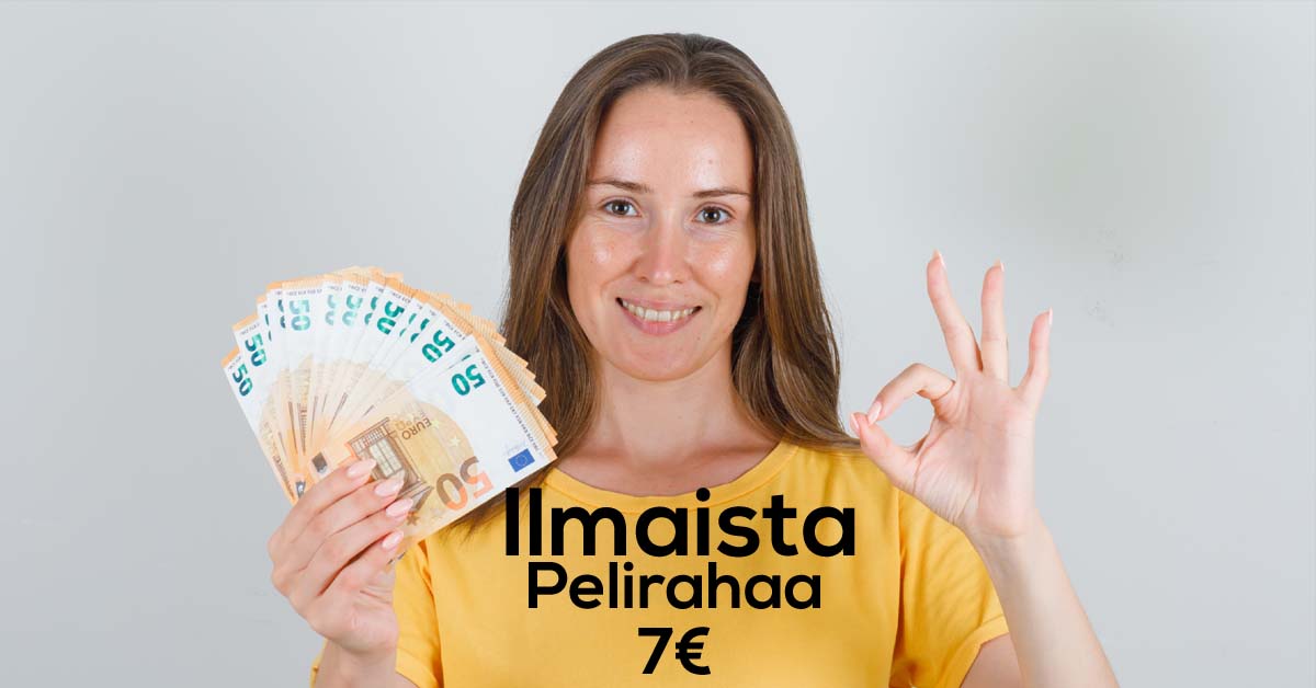 Glad kvinne holder sedler i hånden, tekst '7€ gratis spillepenger uten innskudd' i bakgrunnen.