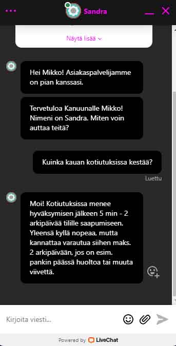 kanuuna kasinon livechat vastaa ripeästi kysymyksiin